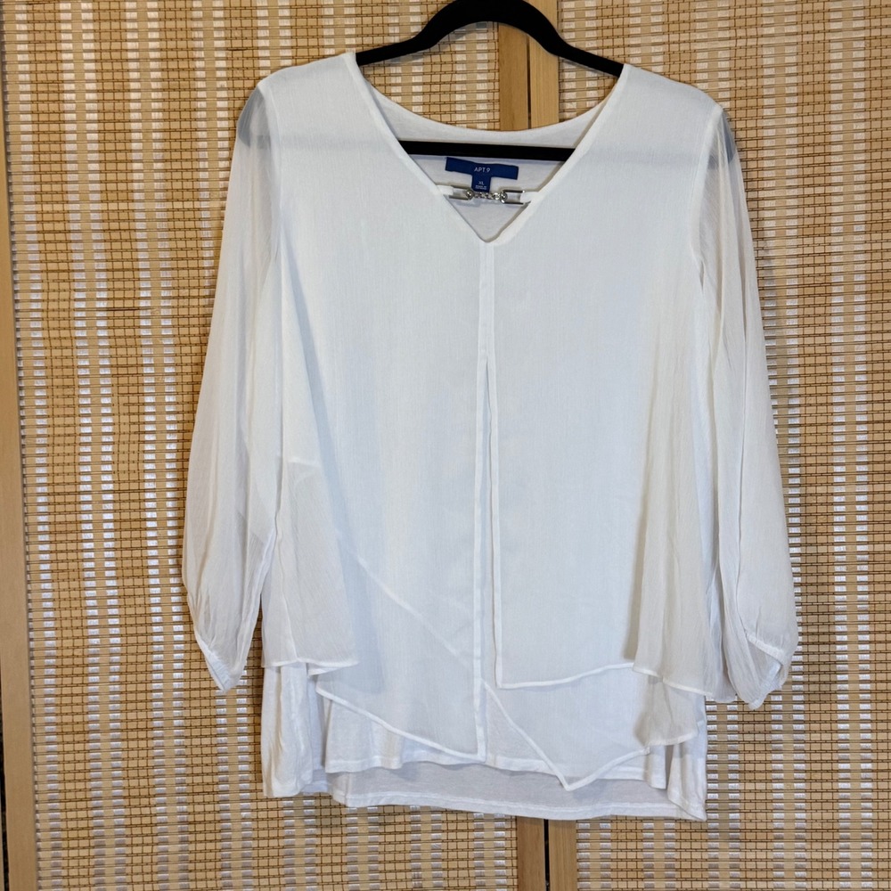 Apt 9 Womens XL White Layered V-Neck Blouse Sheer Long Sleeve Asymmetric Top
